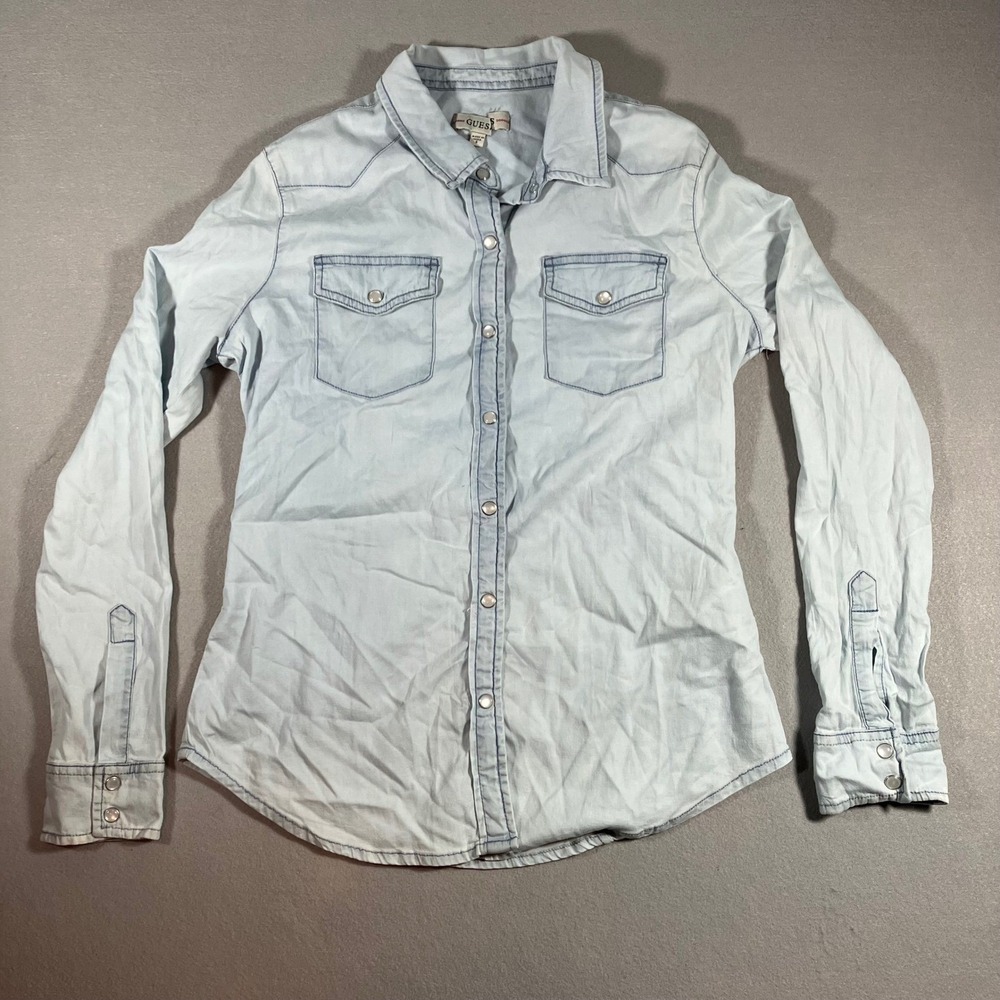 Guess Y2K Women S Light Wash Denim-Style Western Cowgirl Shirt Pearl Snaps Eco